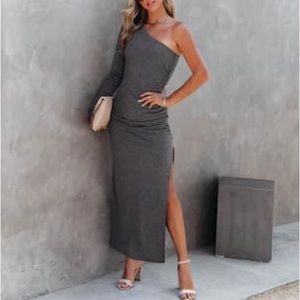 VICI Grey maxi slit one shoulder dress